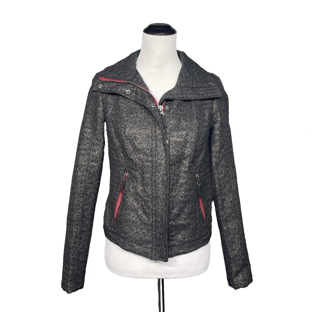 FP We The Free Moto Jacket Sz 4 Textured Tweed Grey Red Zip Edgy Biker Cool Girl